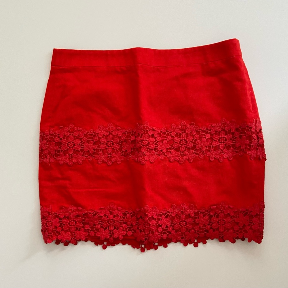 J. Crew Red Mini-Skirt, Red Eyelet Scalloped Lace Trim Mini Skirt, Lined Sz 6